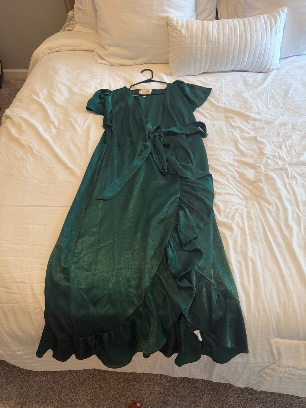 Emerald Green Wrap Midi Dress with Ruffle Trim